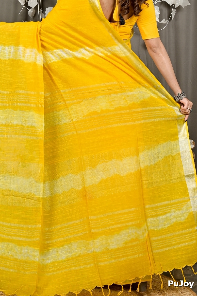 Yellow Pure Cotton Finui Hand Loom Saree (3064)