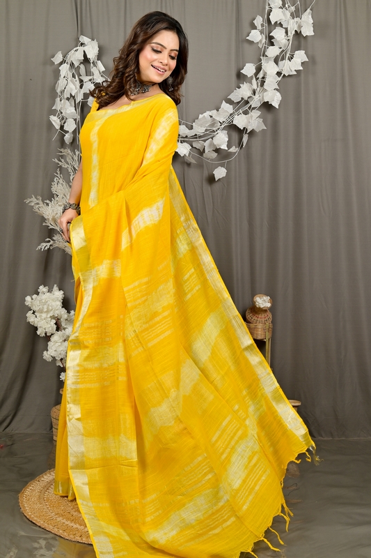 Yellow Pure Cotton Finui Hand Loom Saree (3064)