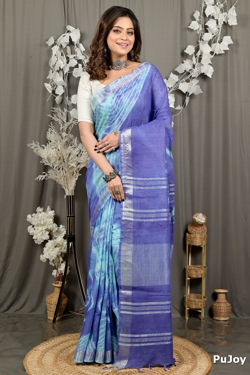 Blue Pure Cotton Finui Hand Loom Saree (3065)