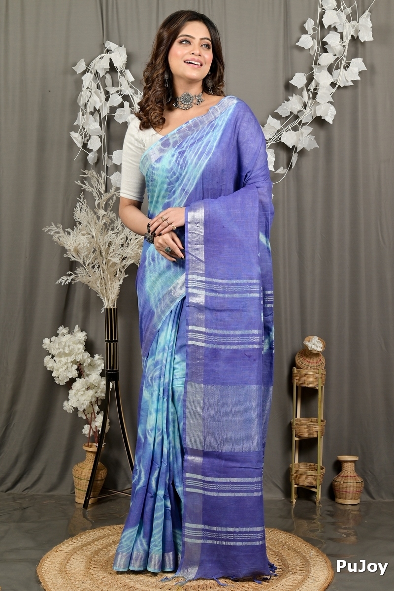 Blue Pure Cotton Finui Hand Loom Saree (3065)