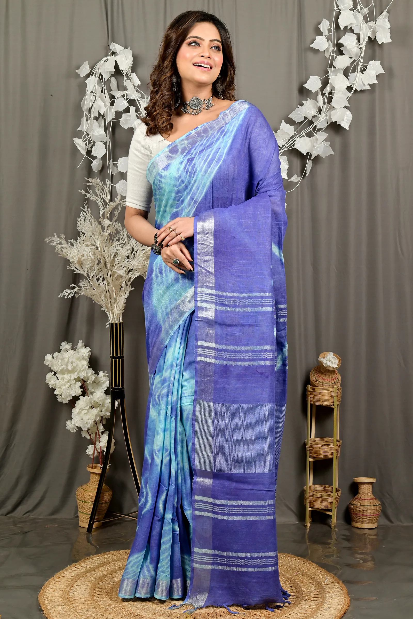 Blue Pure Cotton Finui Hand Loom Saree (3065)