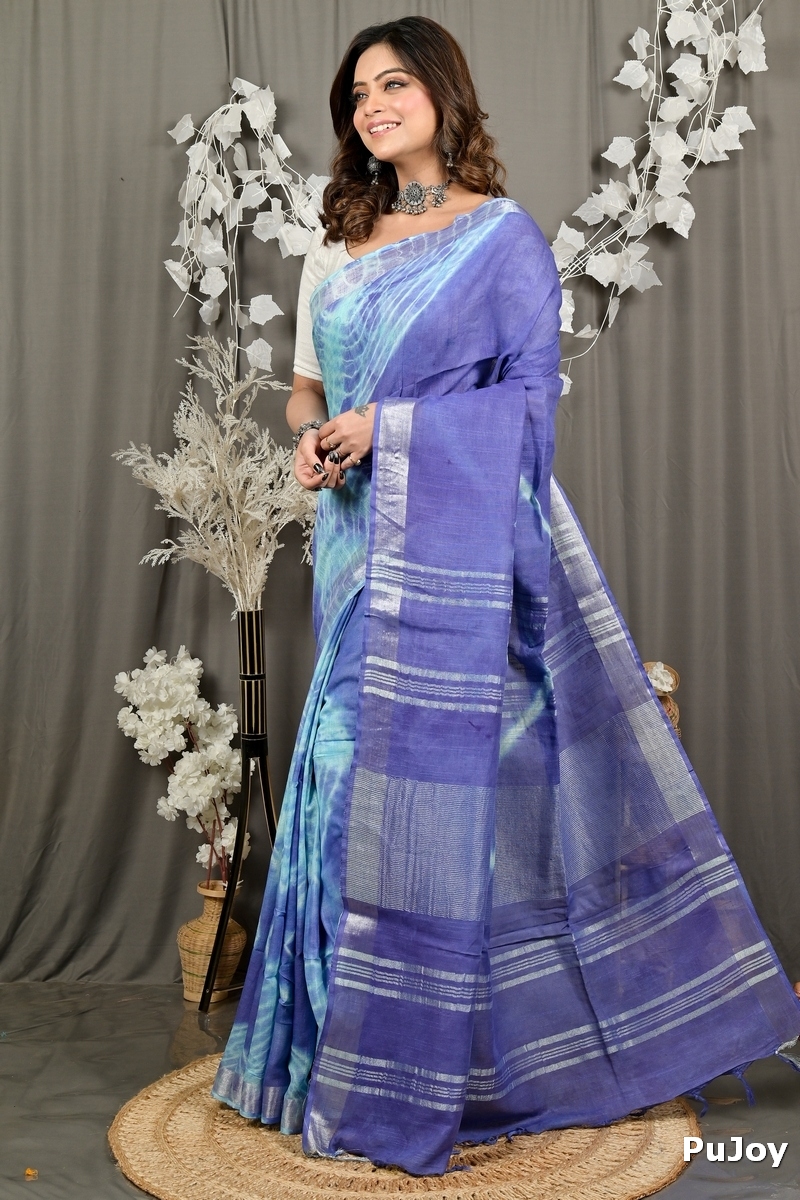 Blue Pure Cotton Finui Hand Loom Saree (3065)