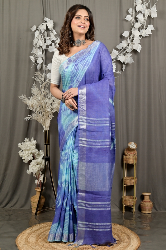 Blue Pure Cotton Finui Hand Loom Saree (3065)