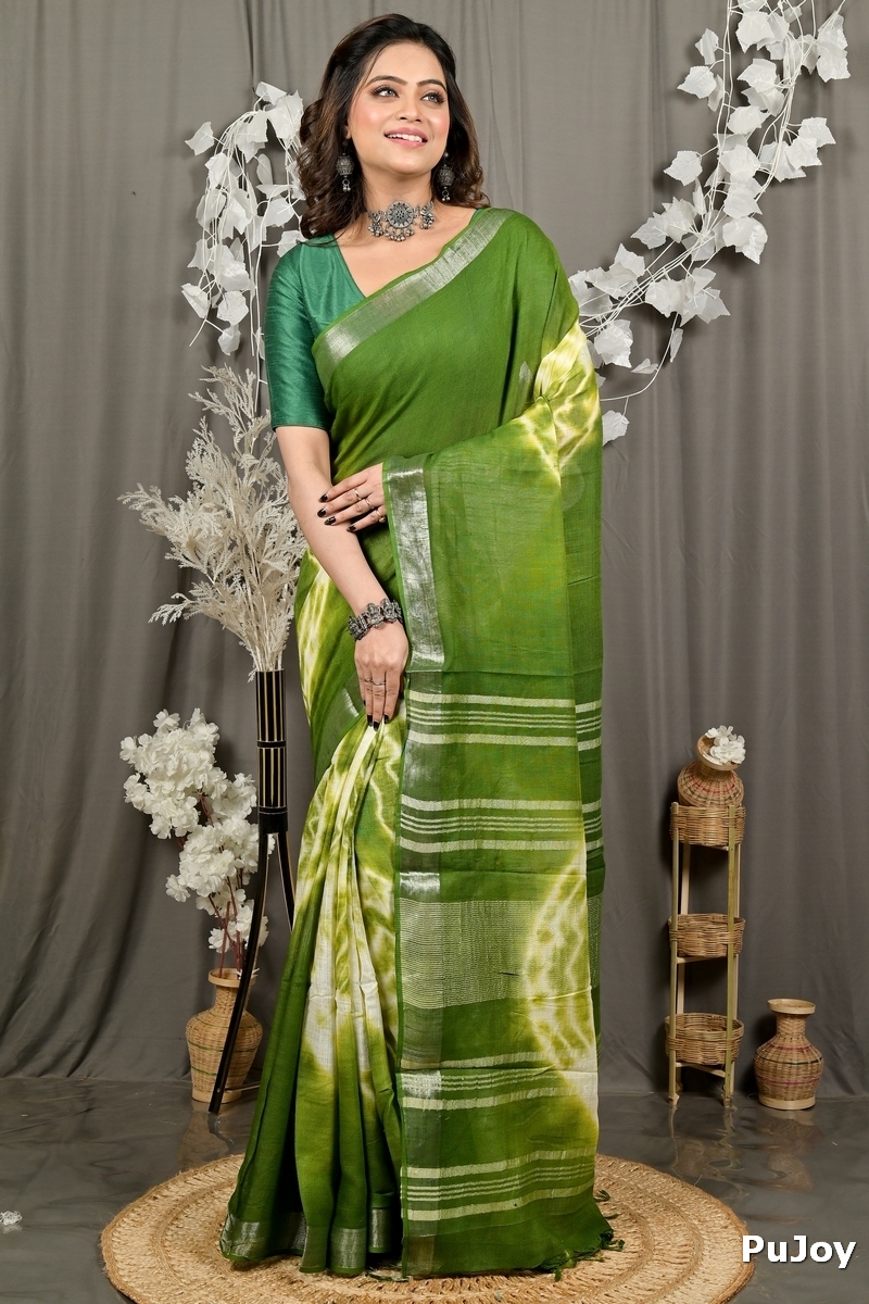 Green Pure Cotton Finui Hand Loom Saree (3067)