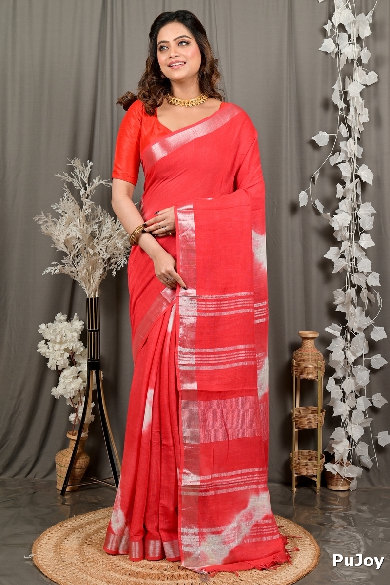 Red Pure Cotton Finui Hand Loom Saree (3068)