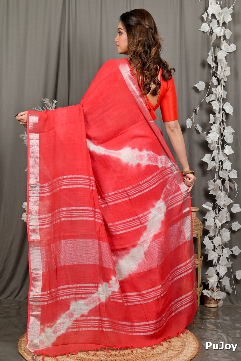 Red Pure Cotton Finui Hand Loom Saree (3068)