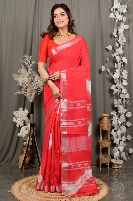 Red Pure Cotton Finui Hand Loom Saree (3068)