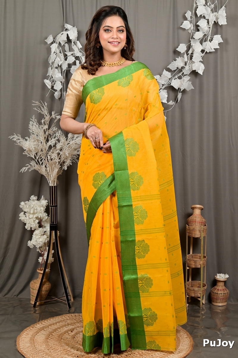 Yellow Green Pure Cotton Fipani Tant Saree (3069)