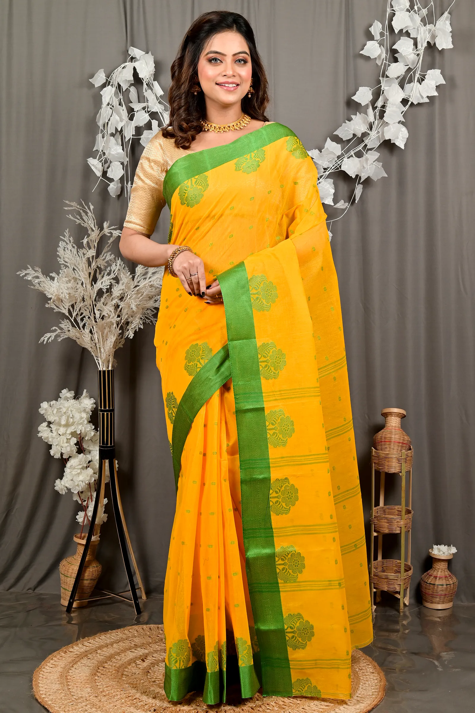 Yellow Green Pure Cotton Fipani Tant Saree (3069)