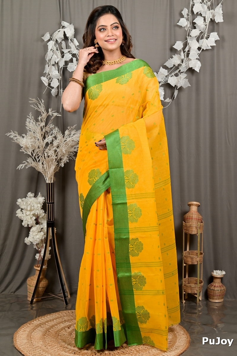 Yellow Green Pure Cotton Fipani Tant Saree (3069)