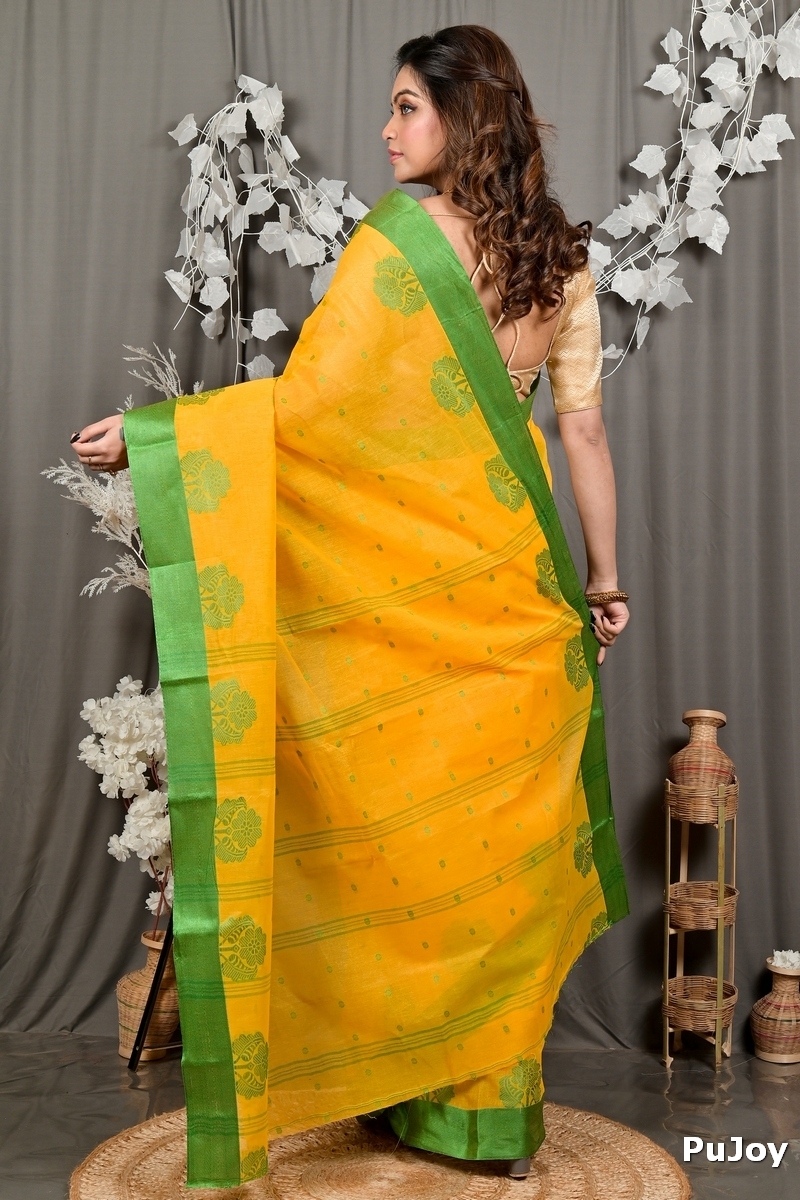 Yellow Green Pure Cotton Fipani Tant Saree (3069)