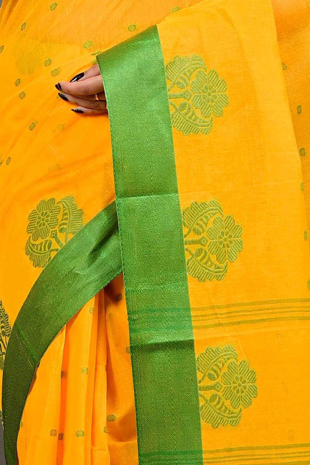 Yellow Green Pure Cotton Fipani Tant Saree (3069)
