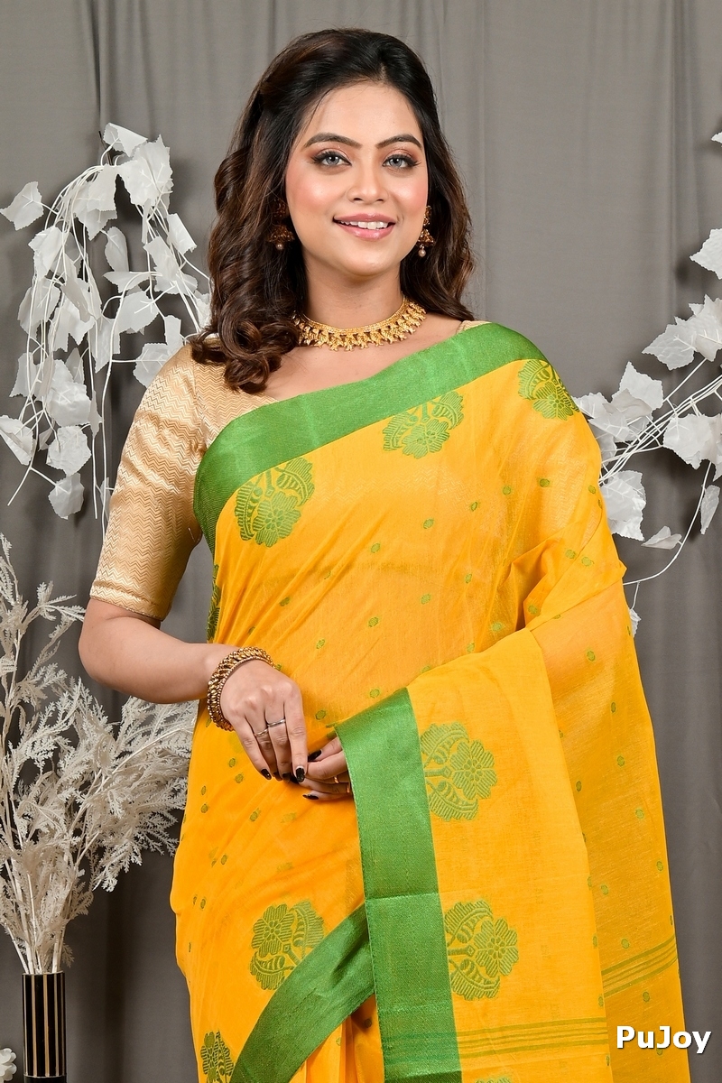 Yellow Green Pure Cotton Fipani Tant Saree (3069)
