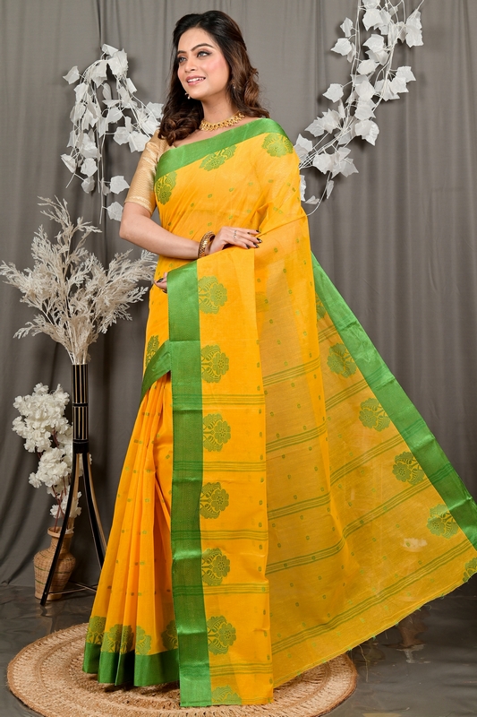 Yellow Green Pure Cotton Fipani Tant Saree (3069)