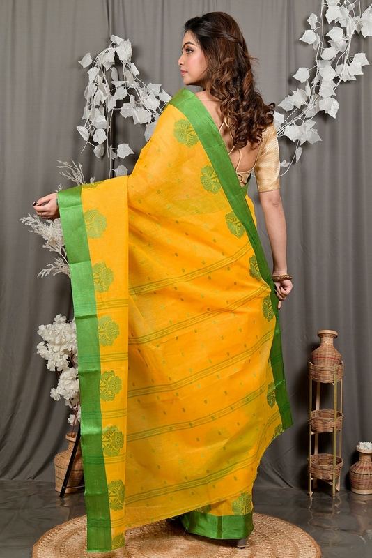 Yellow Green Pure Cotton Fipani Tant Saree (3069)