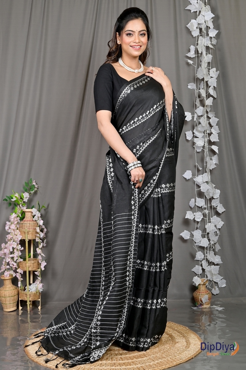 Black Cotton Blended Pareta Hand Loom Saree (307)