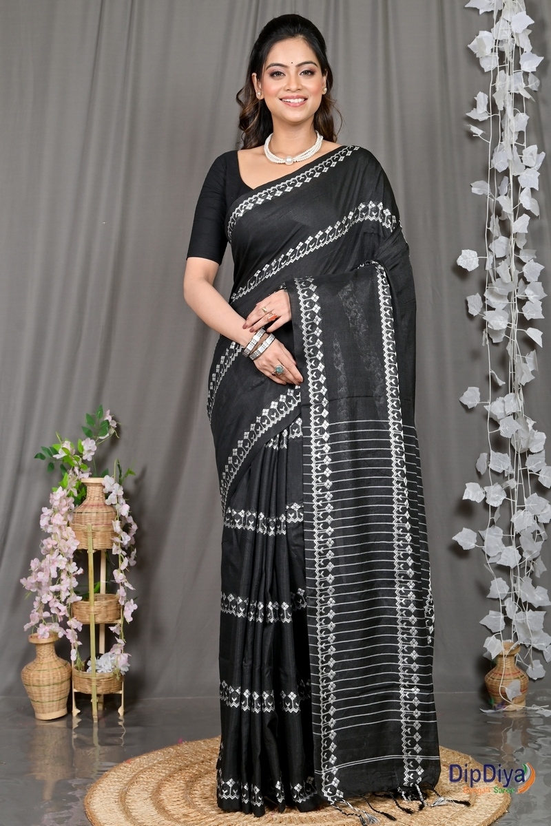 Black Cotton Blended Pareta Hand Loom Saree (307)