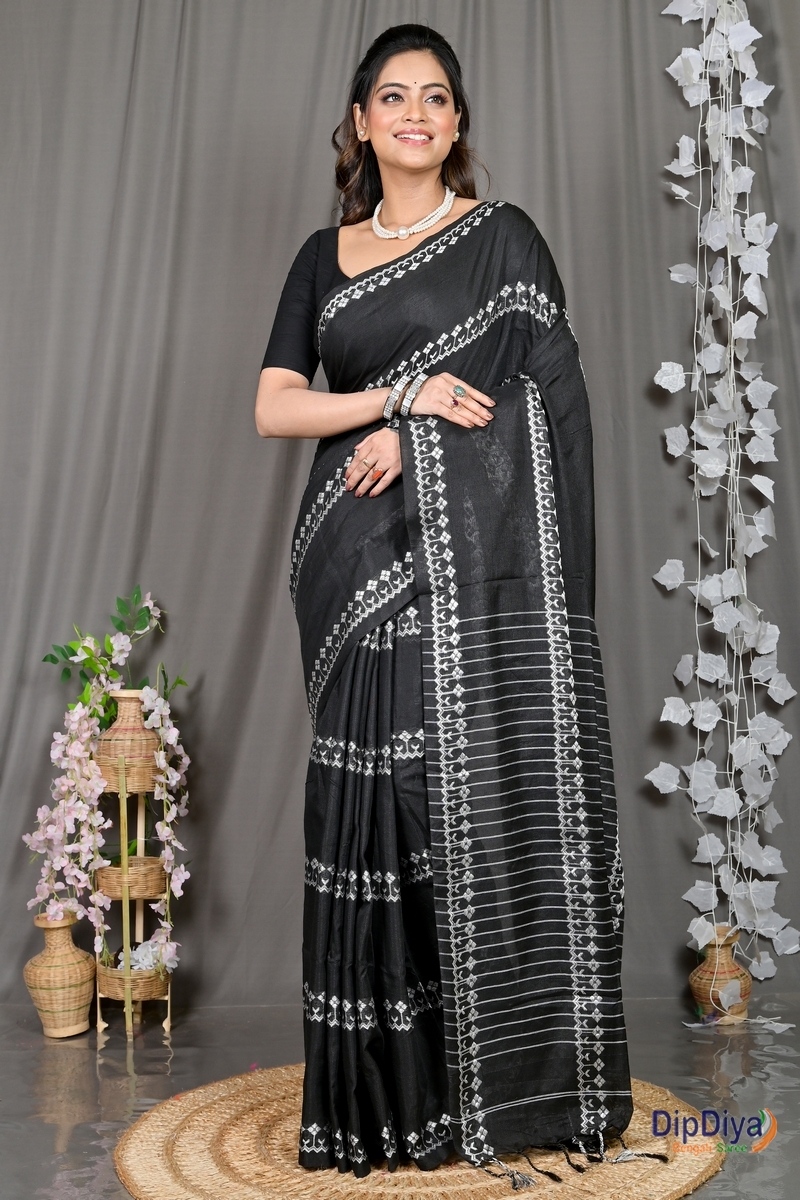Black Cotton Blended Pareta Hand Loom Saree (307)