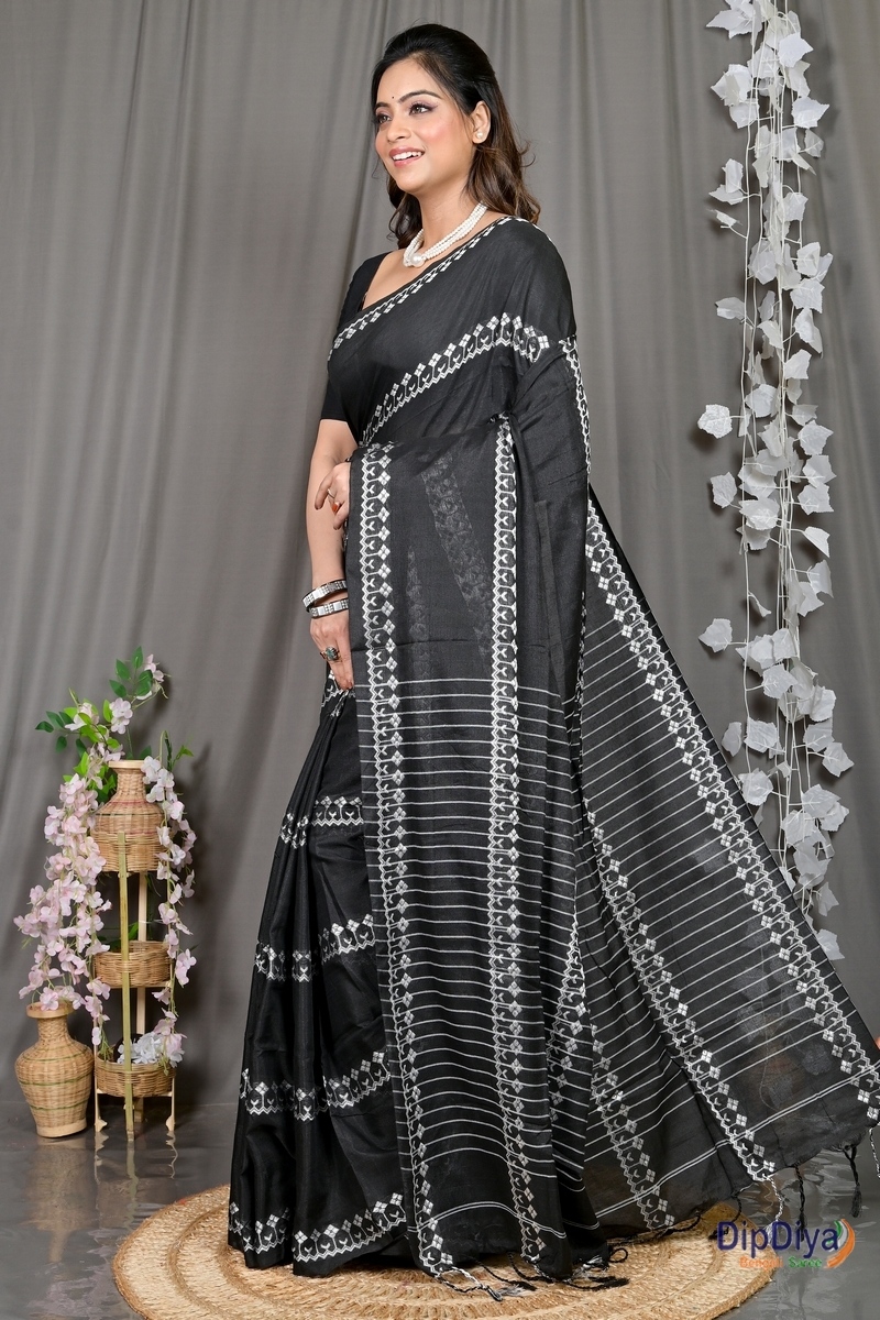 Black Cotton Blended Pareta Hand Loom Saree (307)