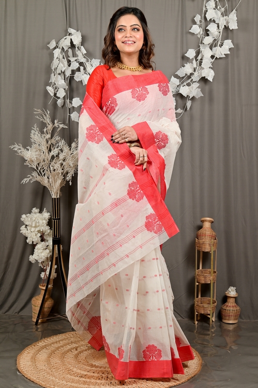 White Red Pure Cotton Fipani Tant Saree (3070)