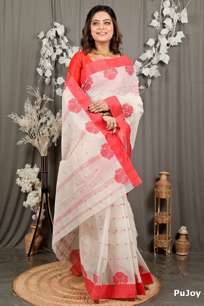 White Red Pure Cotton Fipani Tant Saree (3070)