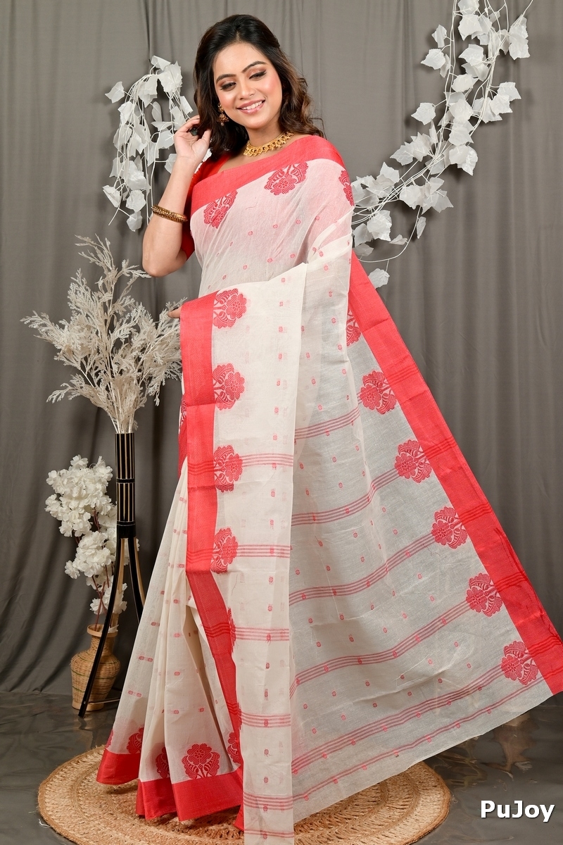 White Red Pure Cotton Fipani Tant Saree (3070)