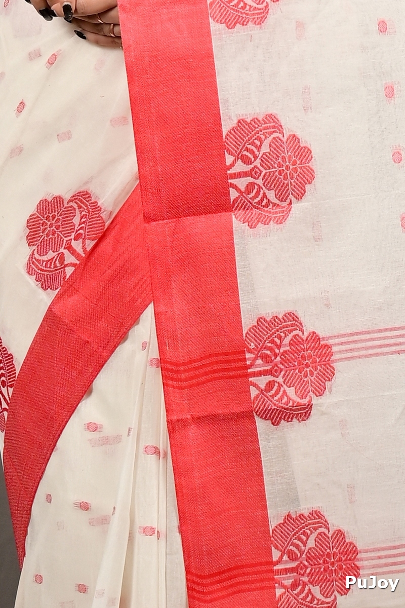 White Red Pure Cotton Fipani Tant Saree (3070)