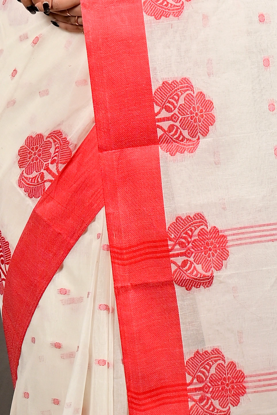 White Red Pure Cotton Fipani Tant Saree (3070)