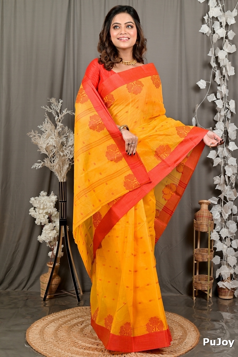 Yellow Red Pure Cotton Fipani Tant Saree (3071)