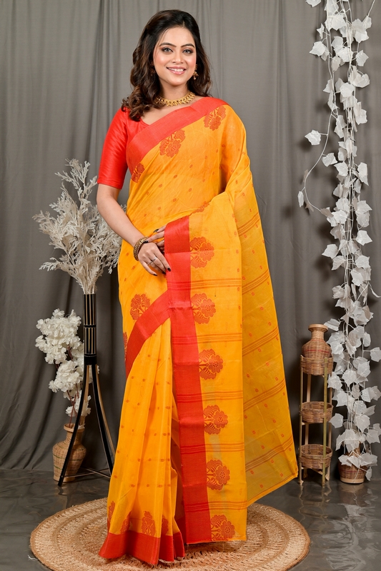 Yellow Red Pure Cotton Fipani Tant Saree (3071)