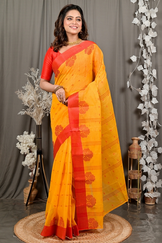 Yellow Red Pure Cotton Fipani Tant Saree (3071)