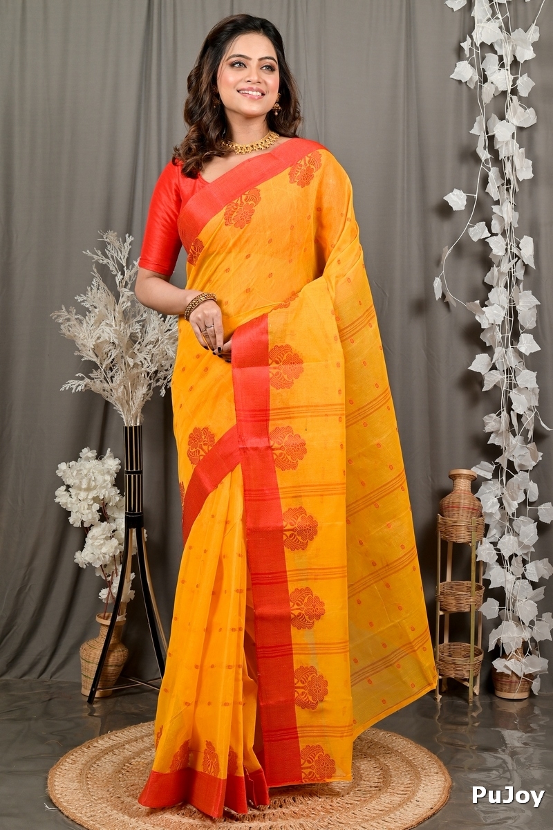 Yellow Red Pure Cotton Fipani Tant Saree (3071)