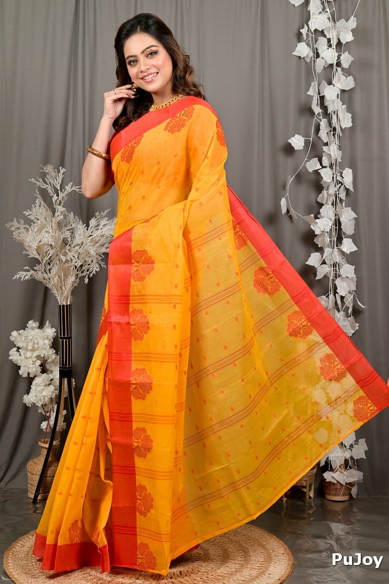 Yellow Red Pure Cotton Fipani Tant Saree (3071)