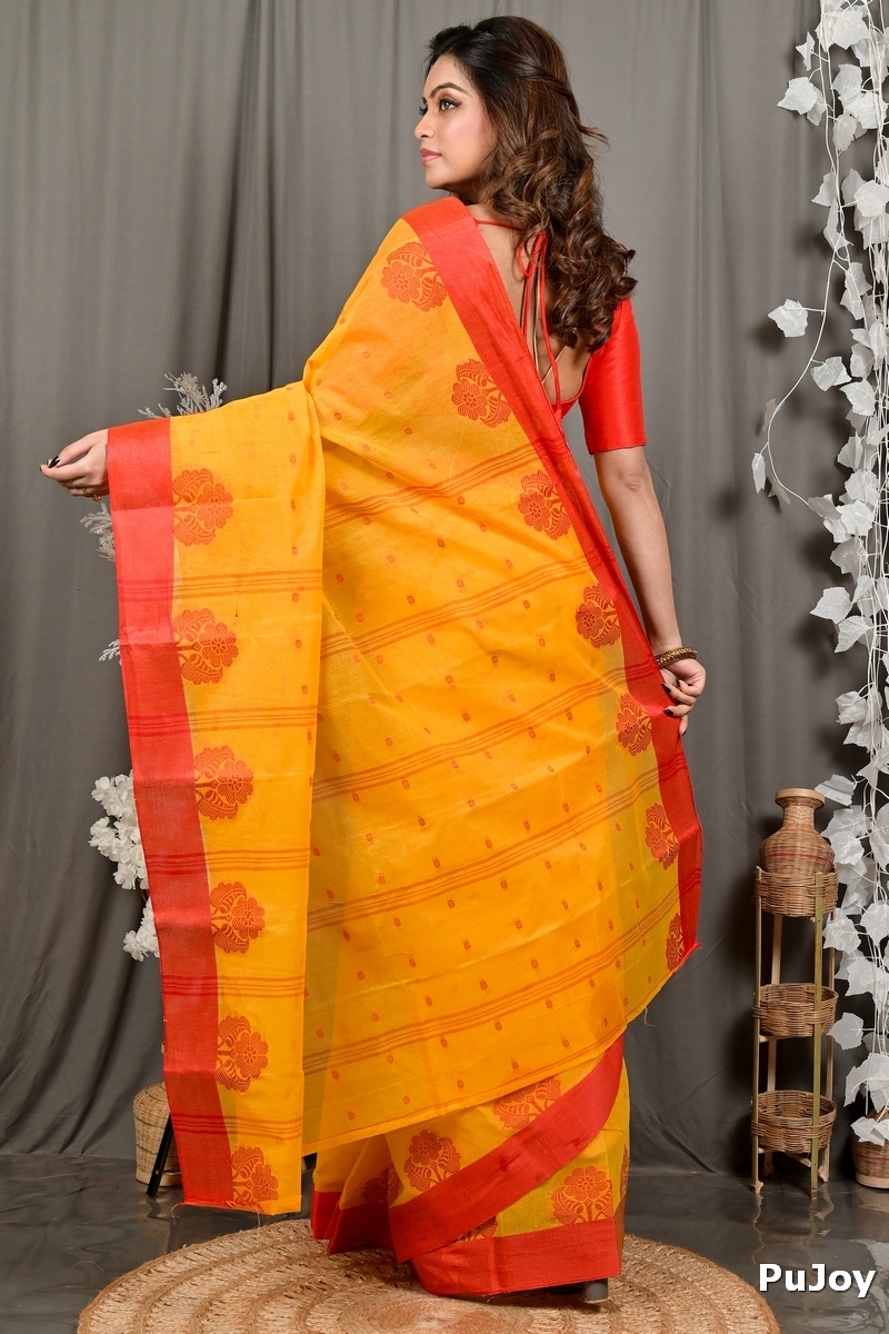Yellow Red Pure Cotton Fipani Tant Saree (3071)