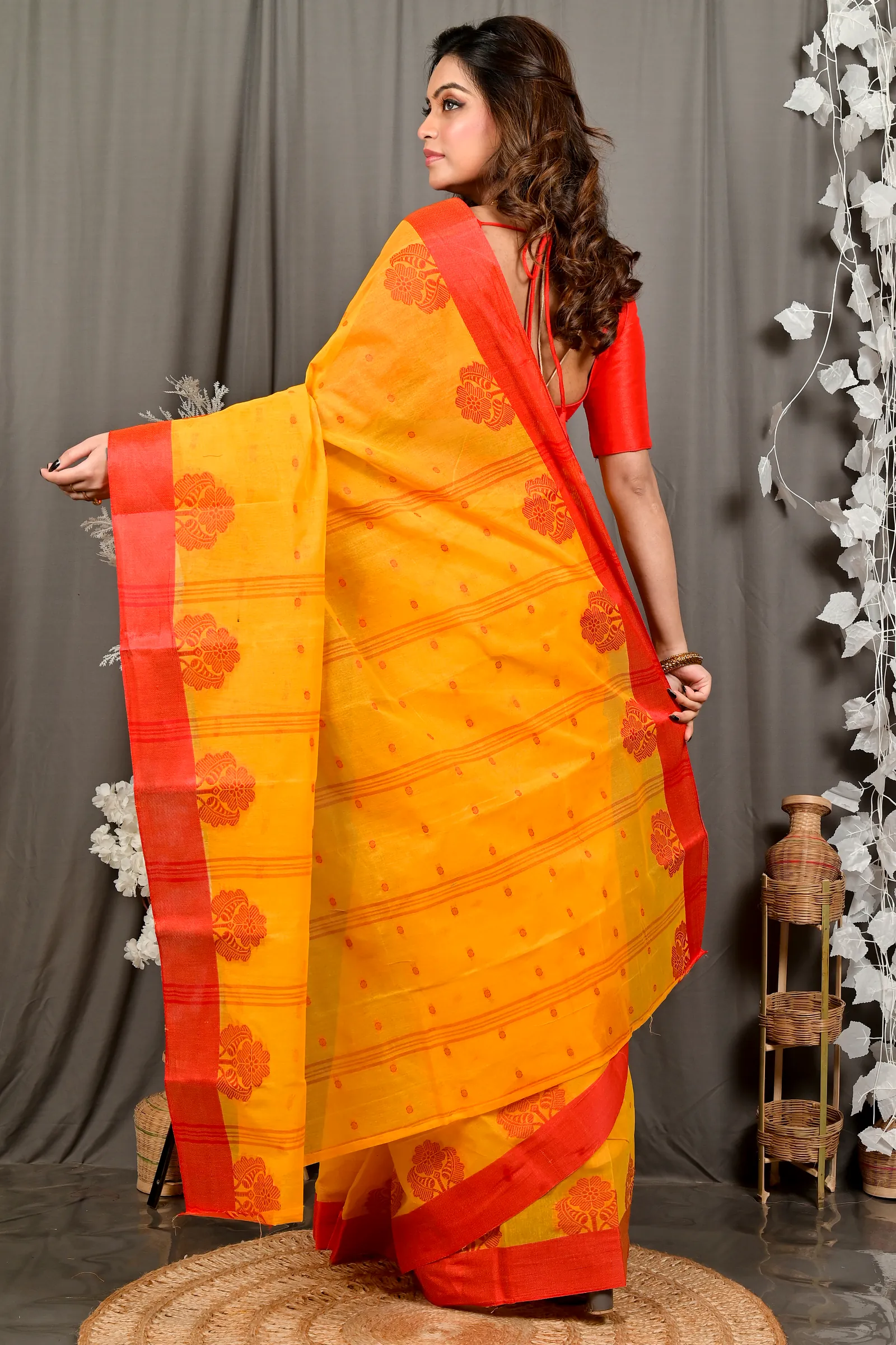 Yellow Red Pure Cotton Fipani Tant Saree (3071)