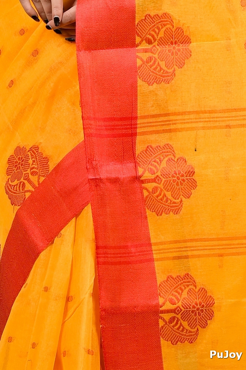 Yellow Red Pure Cotton Fipani Tant Saree (3071)