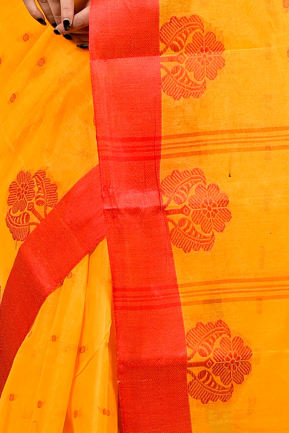 Yellow Red Pure Cotton Fipani Tant Saree (3071)