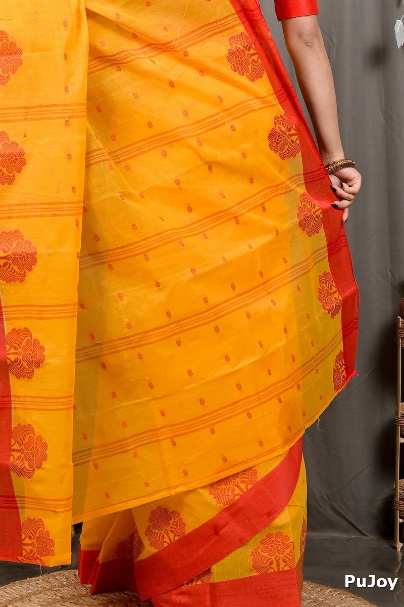 Yellow Red Pure Cotton Fipani Tant Saree (3071)