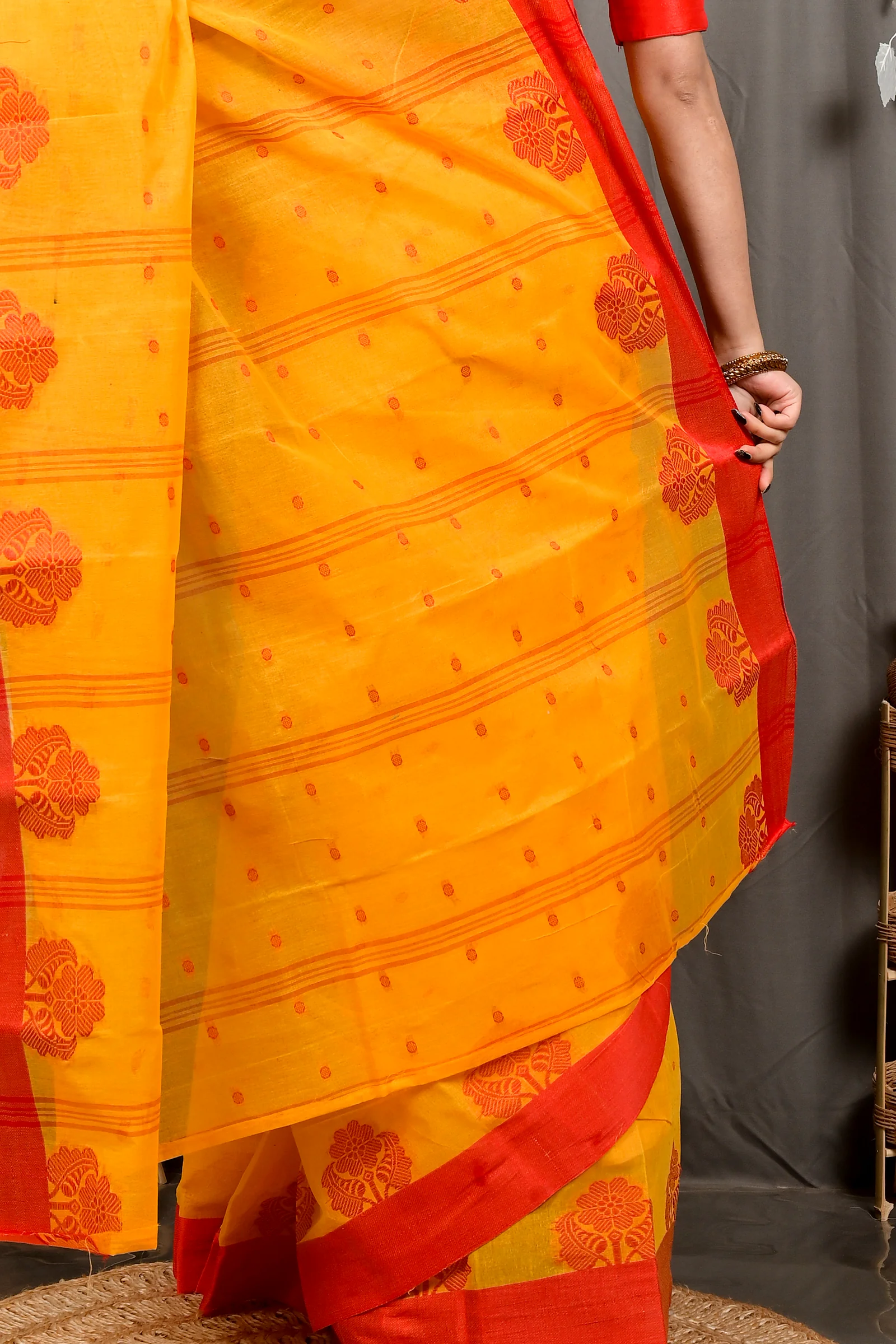 Yellow Red Pure Cotton Fipani Tant Saree (3071)