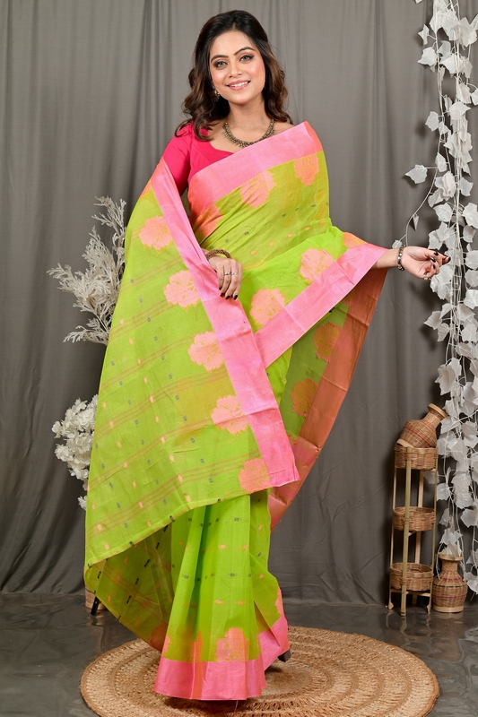 Light Green Pink Pure Cotton Fipani Tant Saree (3072)