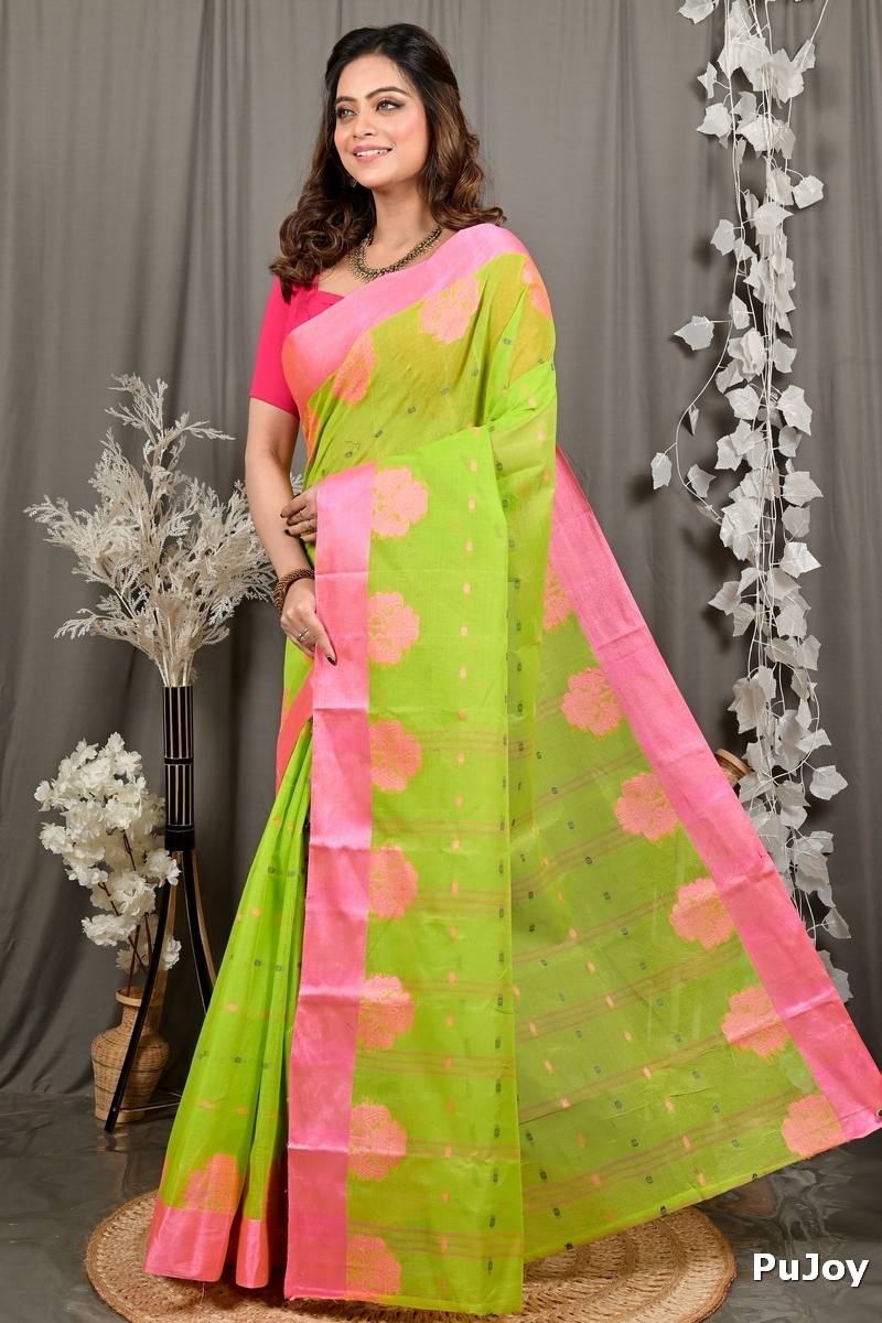 Light Green Pink Pure Cotton Fipani Tant Saree (3072)