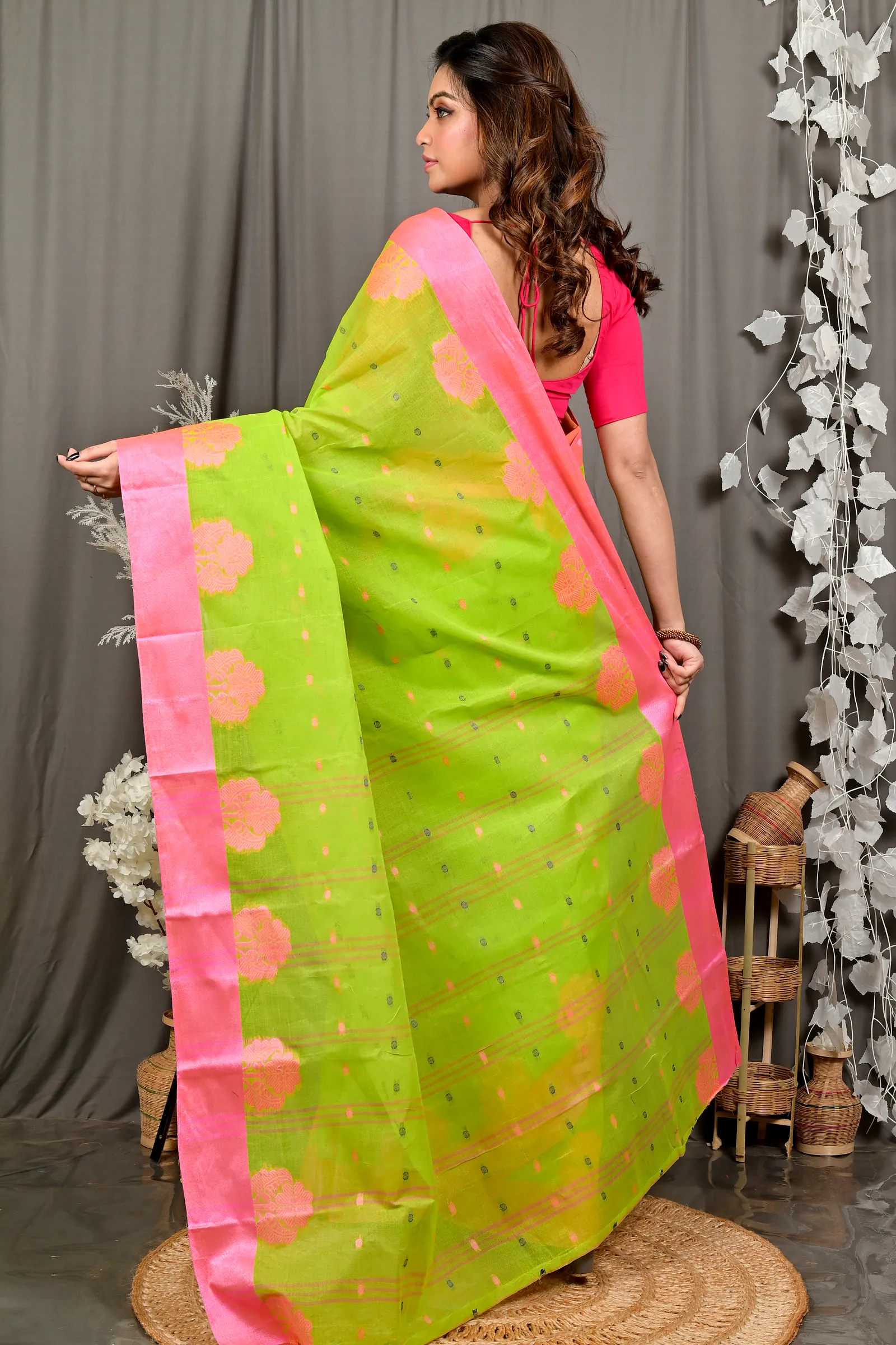 Light Green Pink Pure Cotton Fipani Tant Saree (3072)