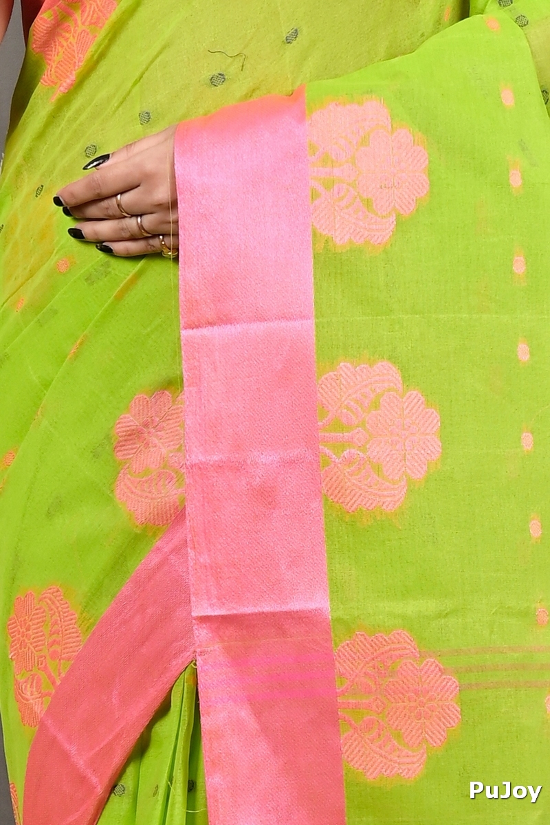 Light Green Pink Pure Cotton Fipani Tant Saree (3072)