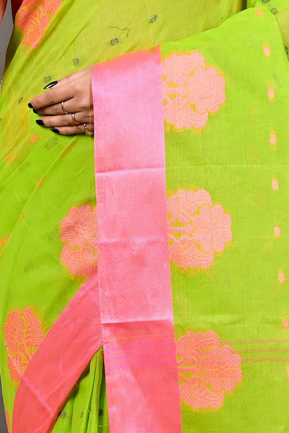 Light Green Pink Pure Cotton Fipani Tant Saree (3072)