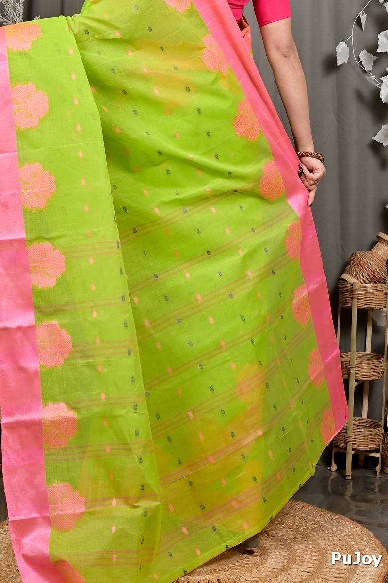 Light Green Pink Pure Cotton Fipani Tant Saree (3072)