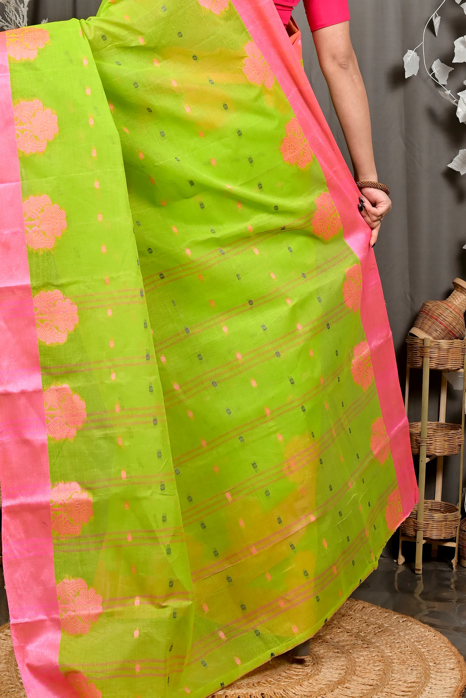 Light Green Pink Pure Cotton Fipani Tant Saree (3072)