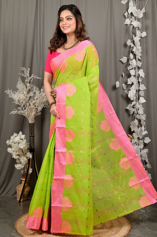 Light Green Pink Pure Cotton Fipani Tant Saree (3072)