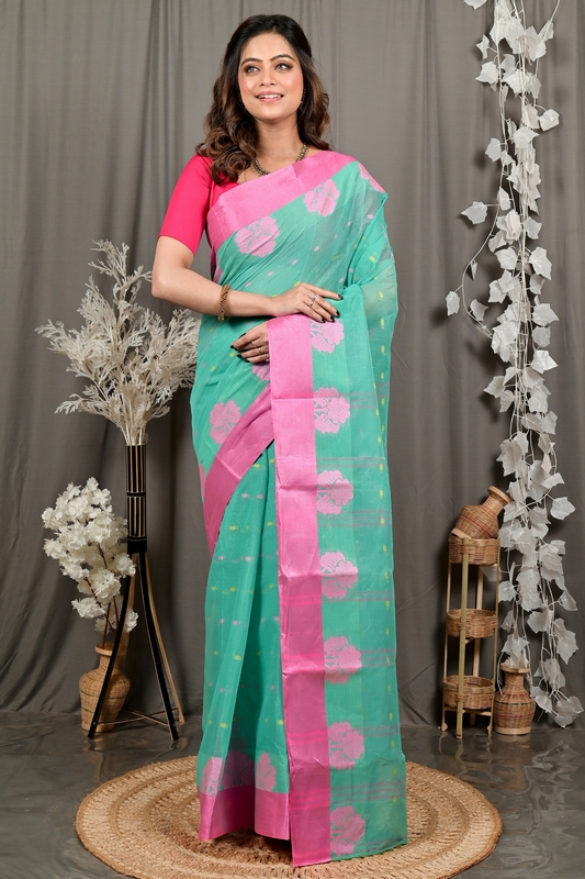 See Green Pure Cotton Fipani Tant Saree (3073)