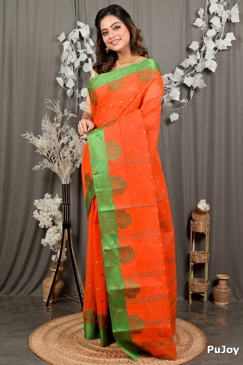 Orange Green Pure Cotton Fipani Tant Saree (3074)