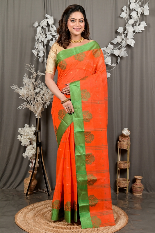 Orange Green Pure Cotton Fipani Tant Saree (3074)